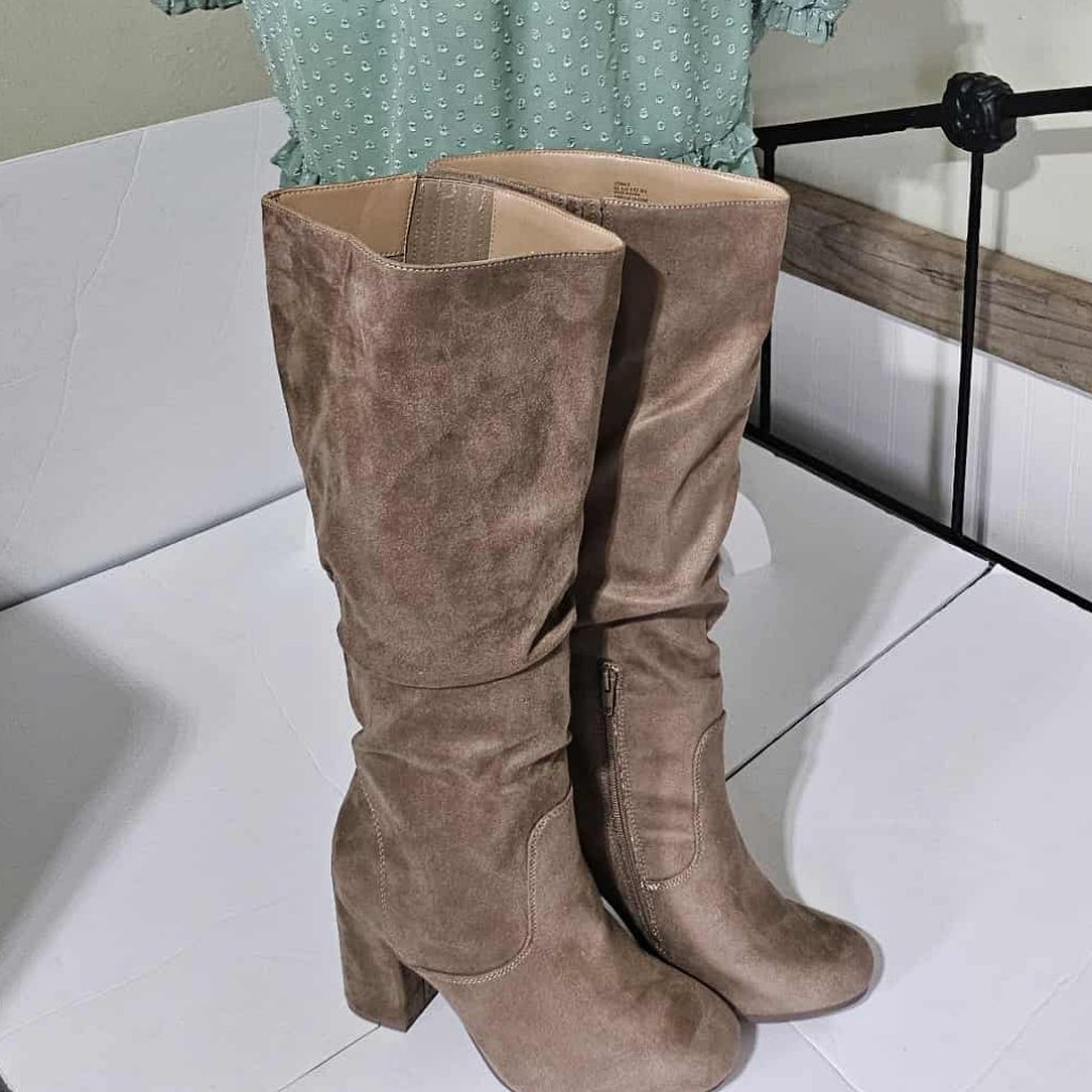 Justfab Leona Taupe Faux Suede Slouch Knee-High Block Heel Boots New In Box